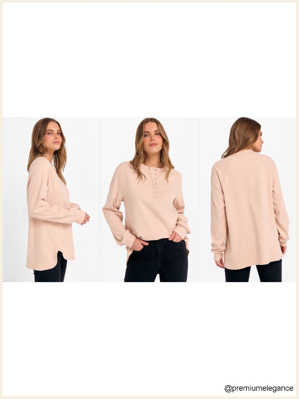 Long Sleeve Henley Oversized Sweatshirt Button Slit Hem Tunic Top Loose Fit - Picture 6 of 6